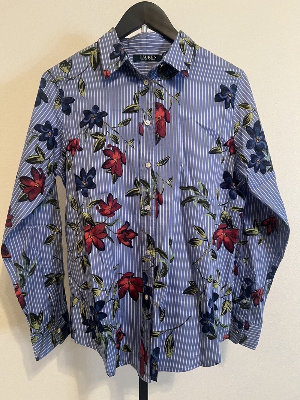 Lauren Ralph Lauren Floral Striped Button Up Shirt Blue White Women Sz M Cotton